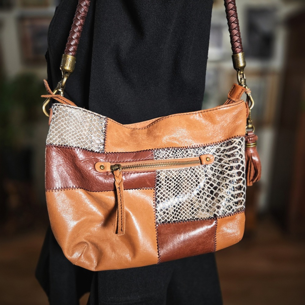 The Sak Patchwork Leather Shoulder Bag Snake Embossed Tan Brown
